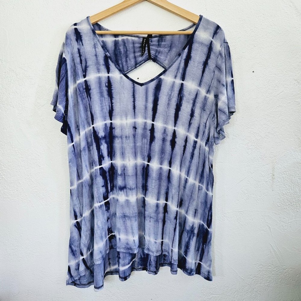 Obsession 2x Blue Tie Dye V Neck Plus Size 2x Flowy Top T Shirt Blouse Key Hole